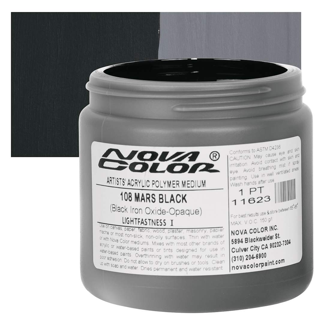 Open in modal - Nova Color Artists’ Acrylic Polymer Paint - Iron Oxide Mars Black, 473 ml Jar and swatch
