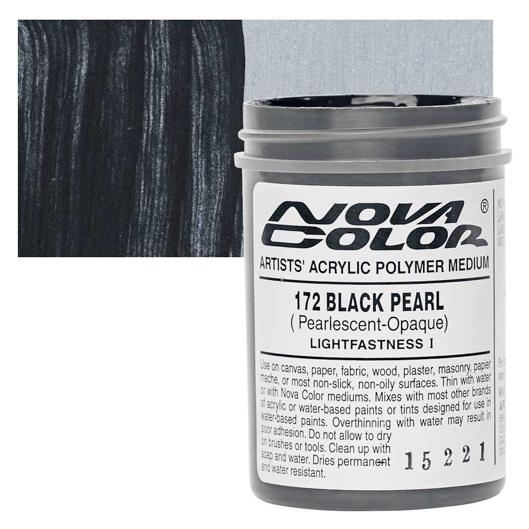 Open in modal - Nova Color Artists’ Acrylic Polymer Paint - Black Pearl, 118 ml Jar and swatch