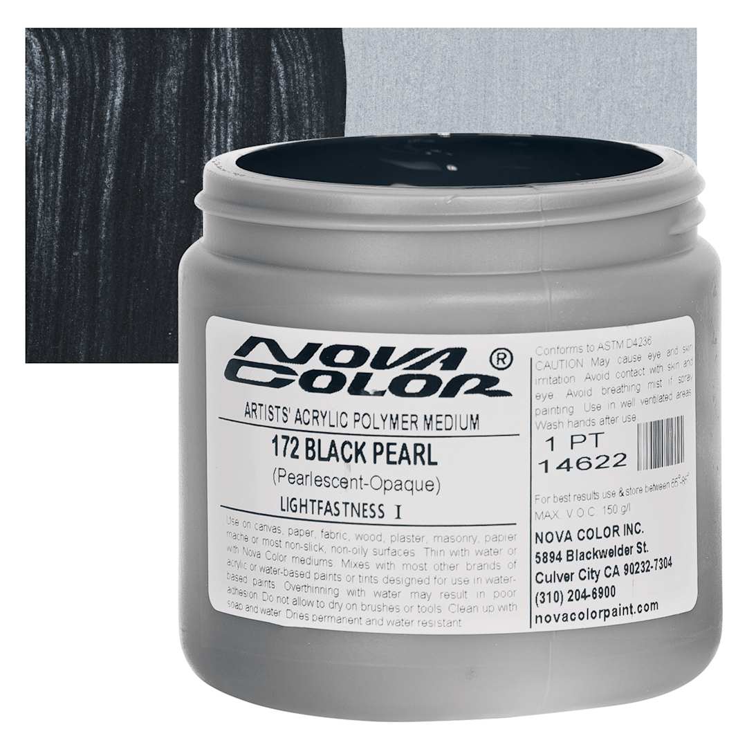 Open in modal - Nova Color Artists’ Acrylic Polymer Paint - Black Pearl, 473 ml Jar and swatch