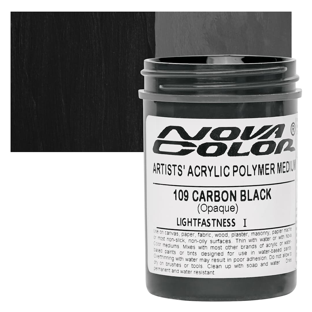 Open in modal - Nova Color Artists’ Acrylic Polymer Paint - Carbon Black, 118 ml Jar and swatch