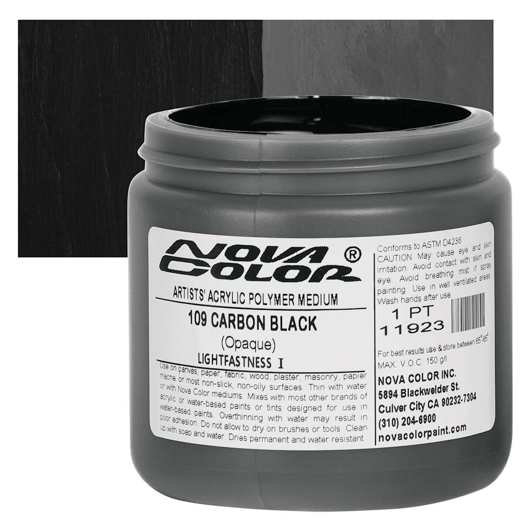 Open in modal - Nova Color Artists’ Acrylic Polymer Paint - Carbon Black, 473 ml Jar and swatch