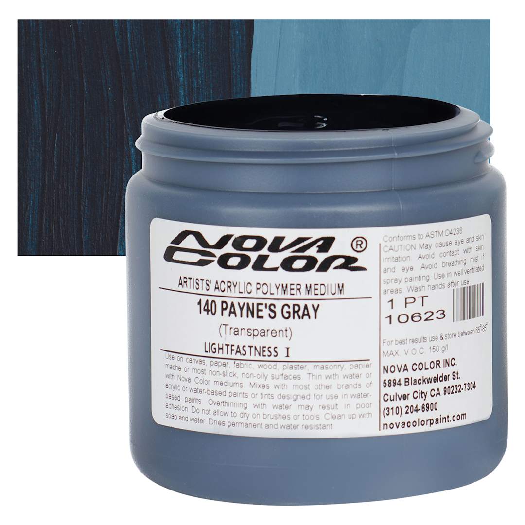 Open in modal - Nova Color Artists’ Acrylic Polymer Paint - Payne's Gray, 473 ml Jar and swatch