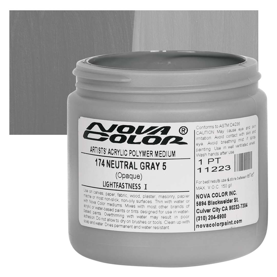 Open in modal - Nova Color Artists’ Acrylic Polymer Paint - Neutral Gray 5, 473 ml Jar and swatch