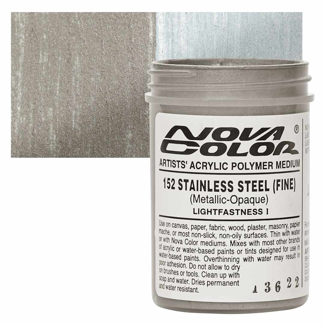 Open in modal - Nova Color Artists’ Acrylic Polymer Paint - Stainless Steel Fine, 118 ml Jar and swatch
