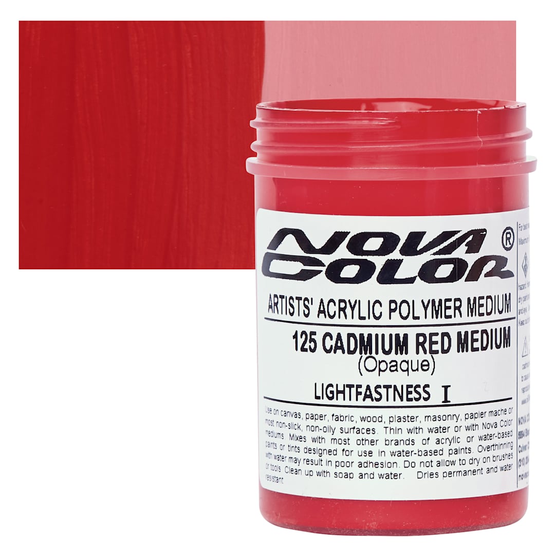Open in modal - Nova Color Artists’ Acrylic Polymer Paint - Cadmium Red Medium, 118 ml Jar and swatch