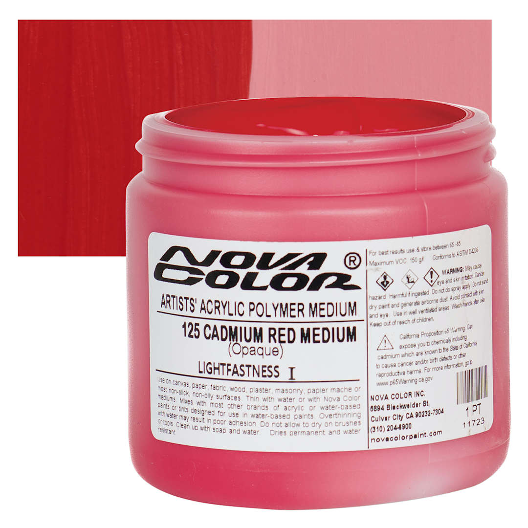 Open in modal - Nova Color Artists’ Acrylic Polymer Paint - Cadmium Red Medium, 473 ml Jar and swatch
