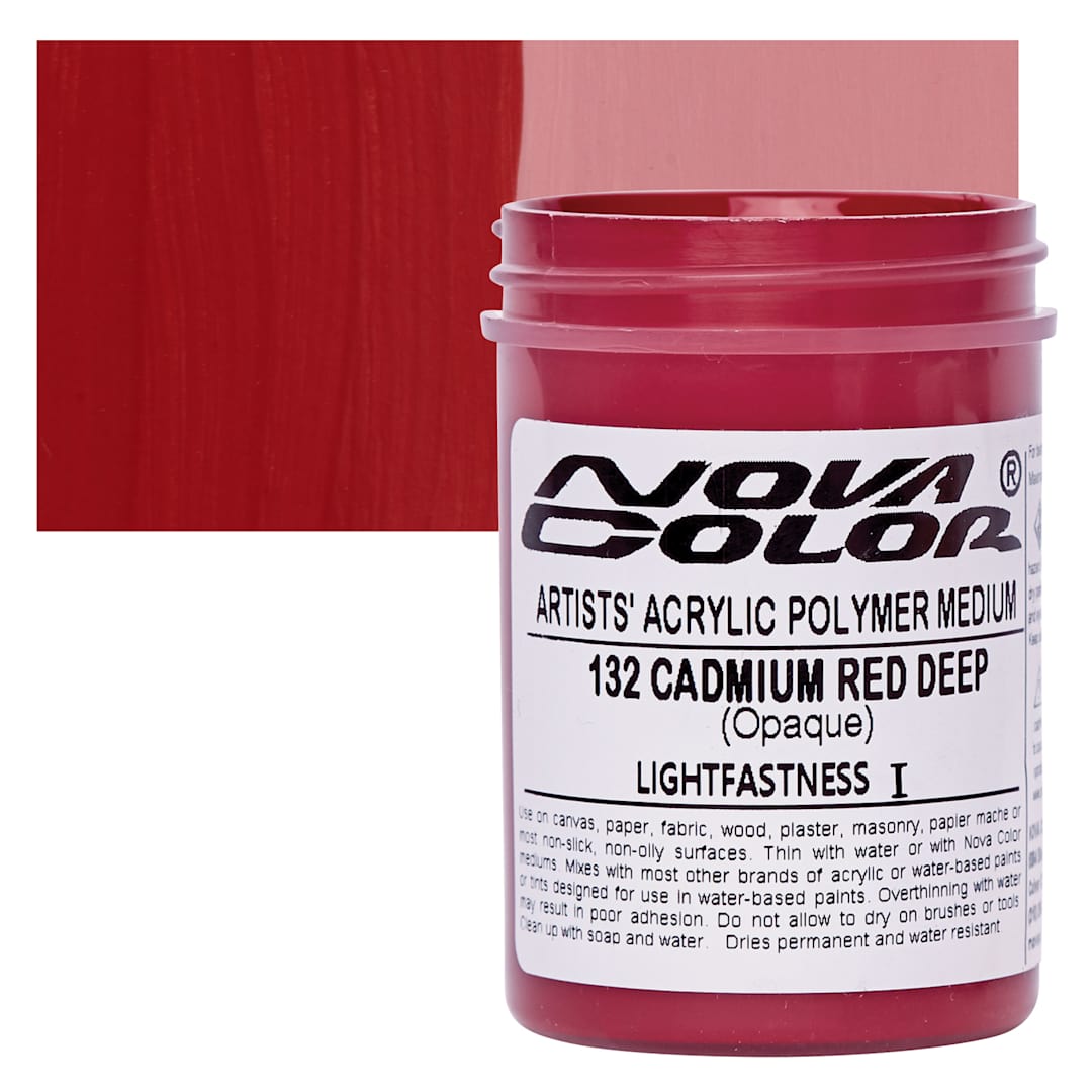 Open in modal - Nova Color Artists’ Acrylic Polymer Paint - Cadmium Red Deep, 118 ml Jar and swatch