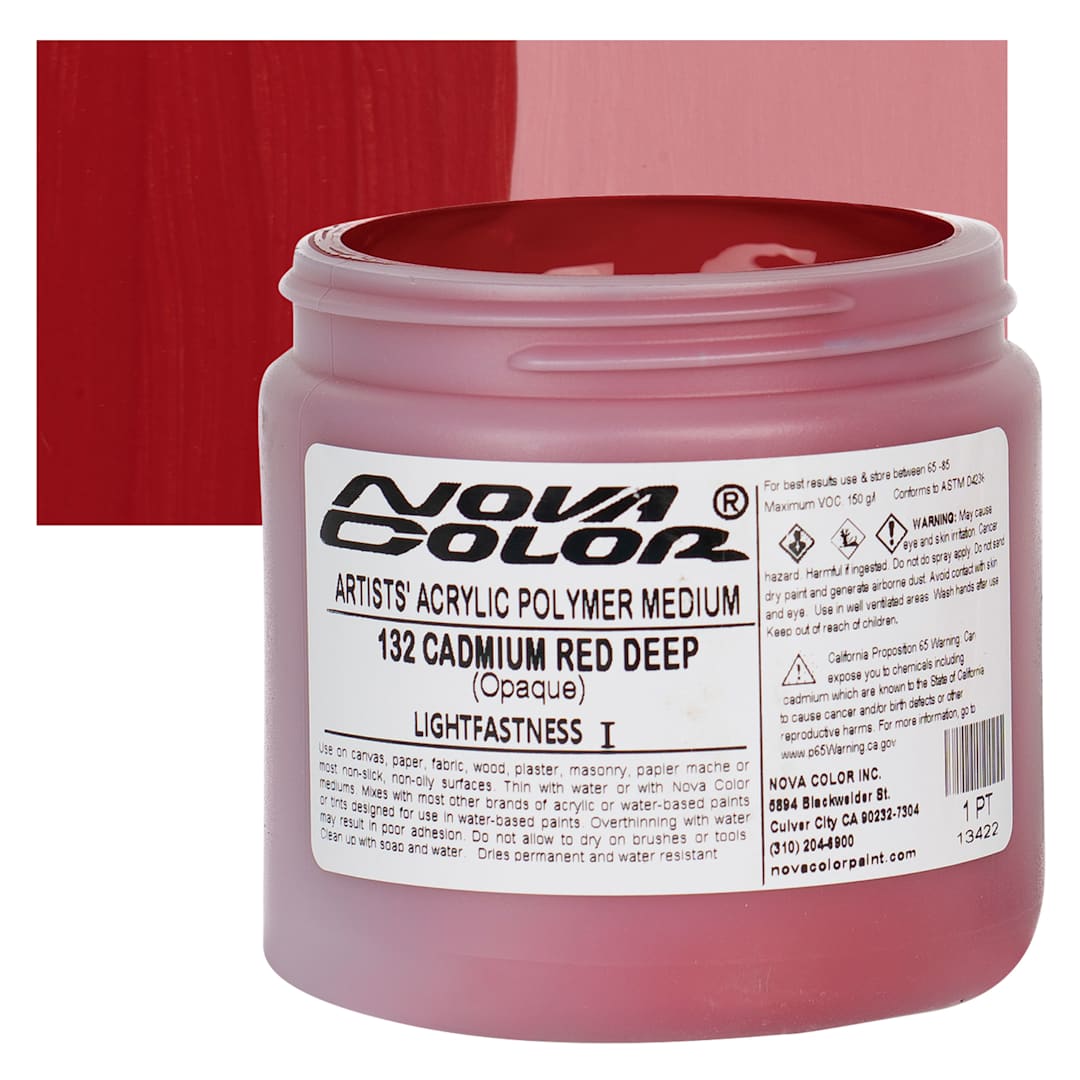 Open in modal - Nova Color Artists’ Acrylic Polymer Paint - Cadmium Red Deep, 473 ml Jar and swatch