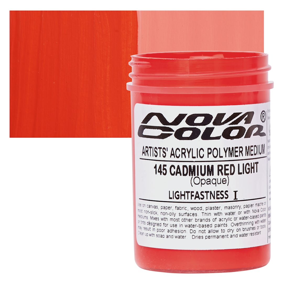 Open in modal - Nova Color Artists’ Acrylic Polymer Paint - Cadmium Red Light, 118 ml Jar and swatch
