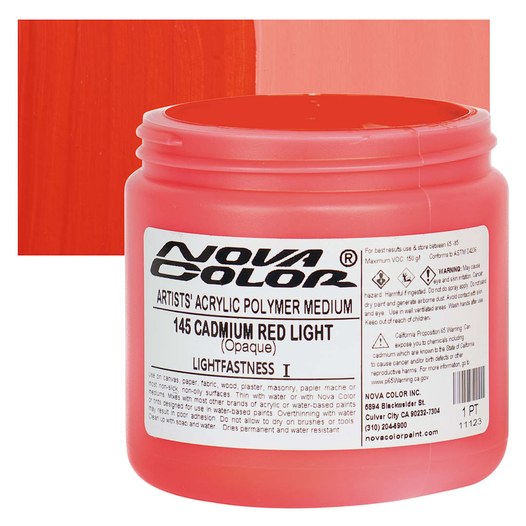 Open in modal - Nova Color Artists’ Acrylic Polymer Paint - Cadmium Red Light, 473 ml Jar and swatch