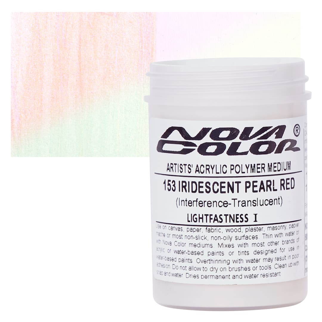 Open in modal - Nova Color Artists’ Acrylic Polymer Paint - Iridescent Pearl Red, 118 ml Jar and swatch
