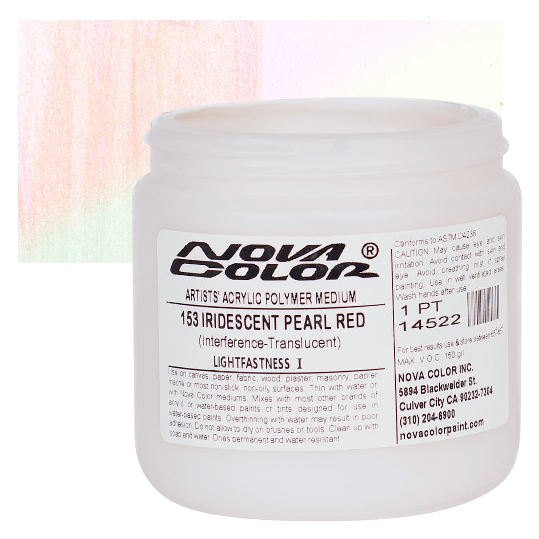 Open in modal - Nova Color Artists’ Acrylic Polymer Paint - Iridescent Pearl Red, 473 ml Jar and swatch