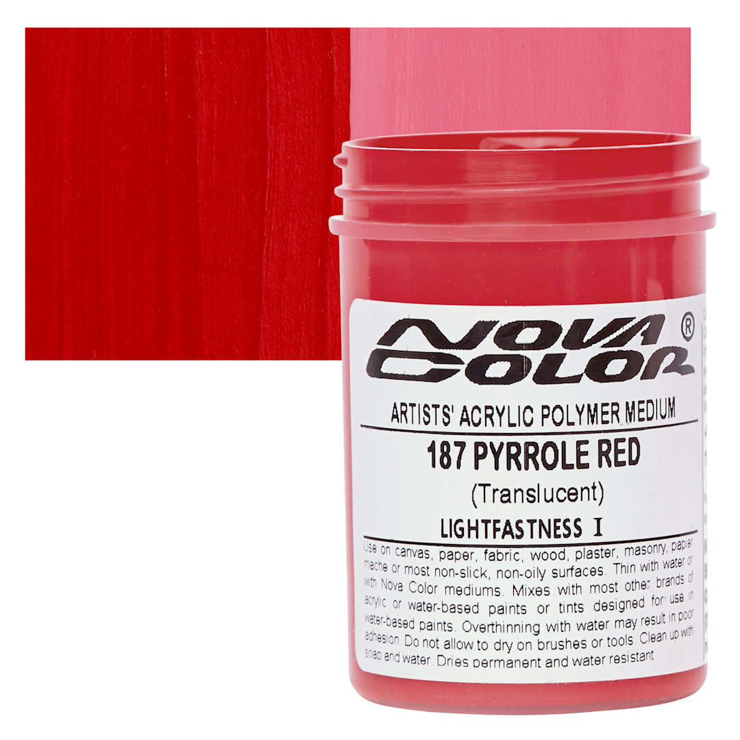 Open in modal - Nova Color Artists’ Acrylic Polymer Paint -  Pyrrole Red, 118 ml Jar and swatch
