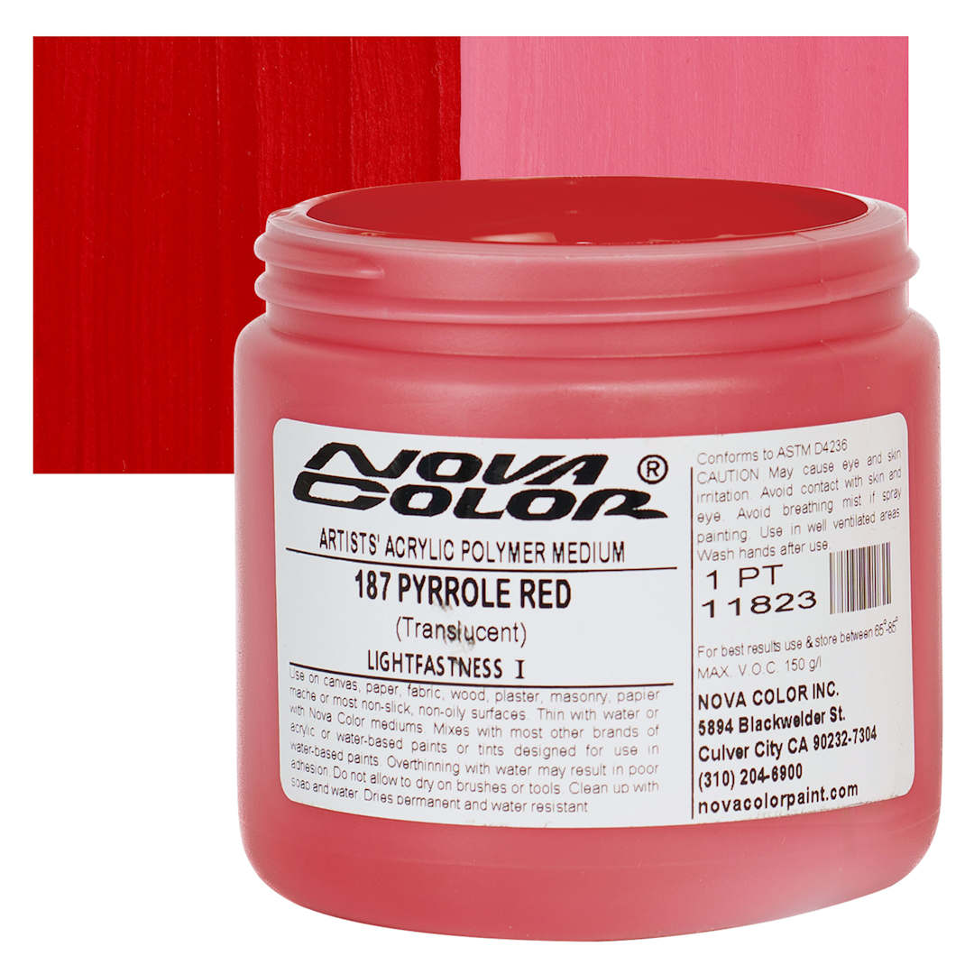 Open in modal - Nova Color Artists’ Acrylic Polymer Paint - Pyrrole Red, 473 ml Jar and swatch