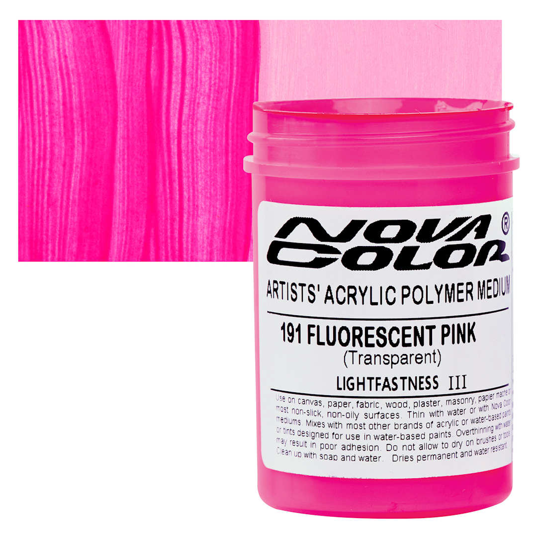 Open in modal - Nova Color Artists’ Acrylic Polymer Paint - Fluorescent Pink, 118 ml Jar and swatch