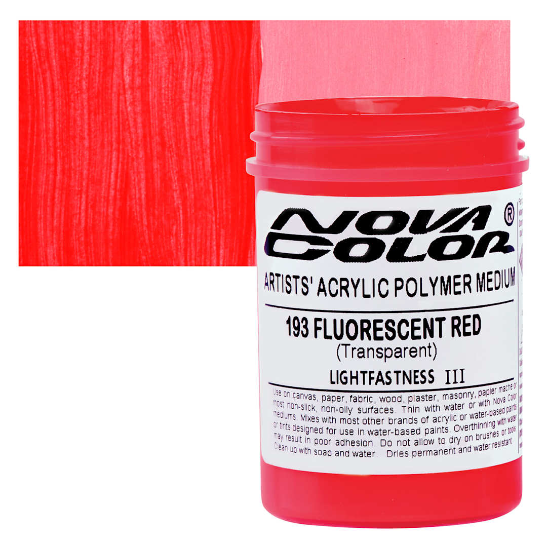 Open in modal - Nova Color Artists’ Acrylic Polymer Paint - Fluorescent Red, 118 ml Jar and swatch