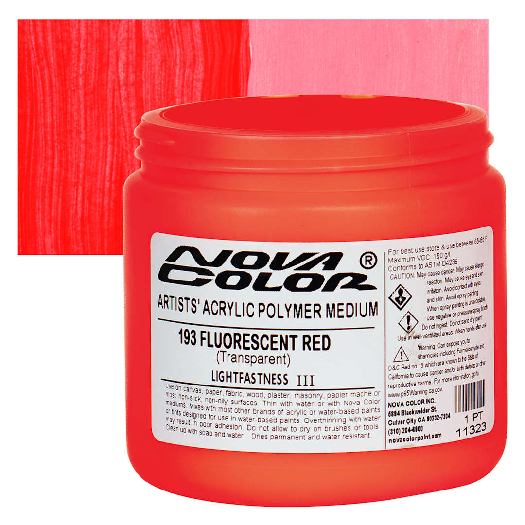 Open in modal - Nova Color Artists’ Acrylic Polymer Paint - Fluorescent Red, 473 ml Jar and swatch