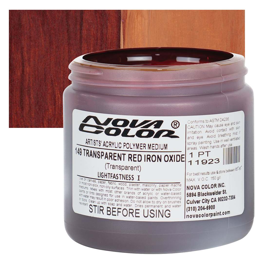 Open in modal - Nova Color Artists’ Acrylic Polymer Paint - Transparent Red Iron Oxide, 473 ml Jar and swatch