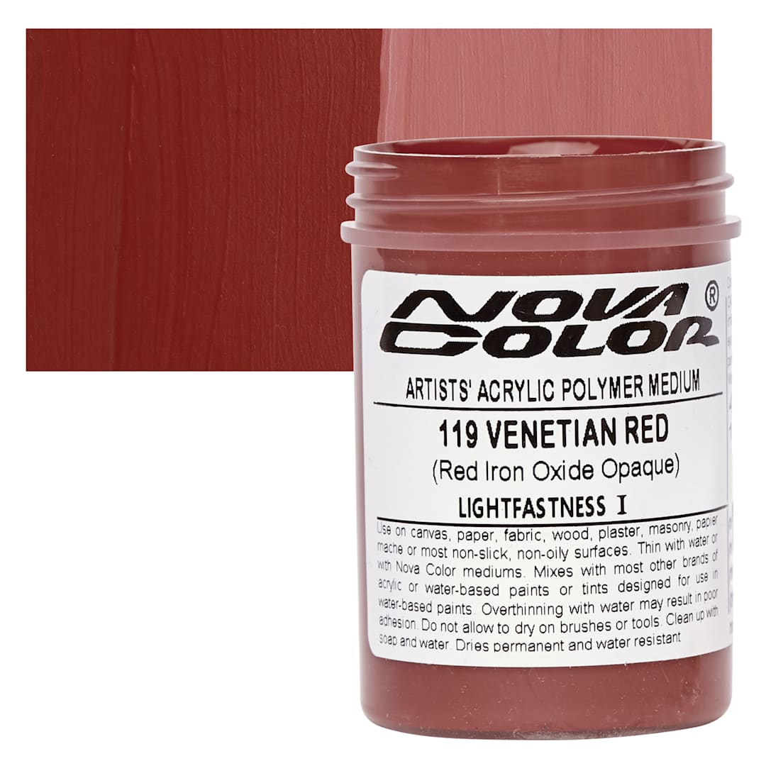 Open in modal - Nova Color Artists’ Acrylic Polymer Paint - Venetian Iron Oxide Red, 118 ml Jar and swatch