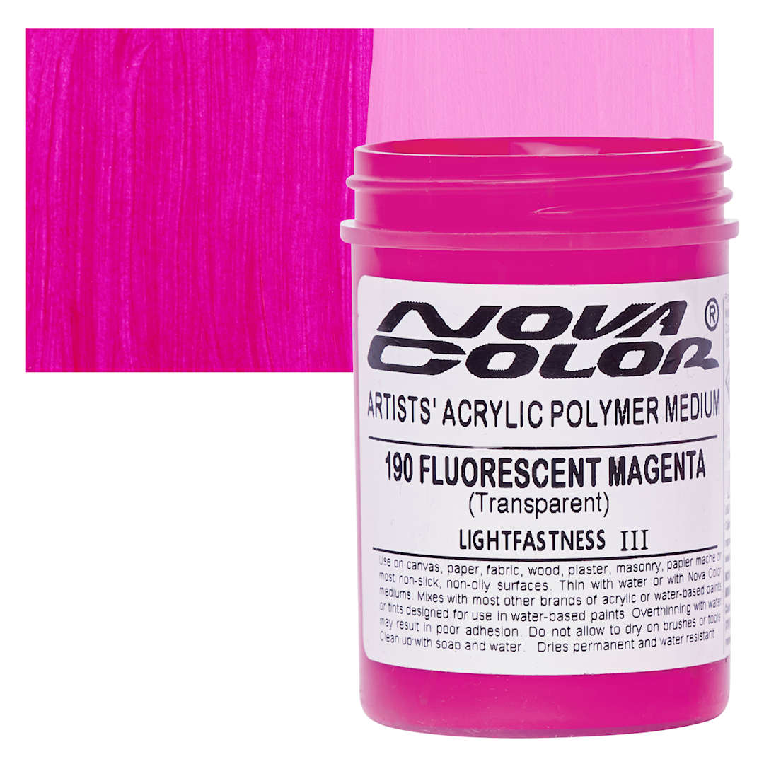 Open in modal - Nova Color Artists’ Acrylic Polymer Paint - Fluorescent Magenta, 118 ml Jar and swatch