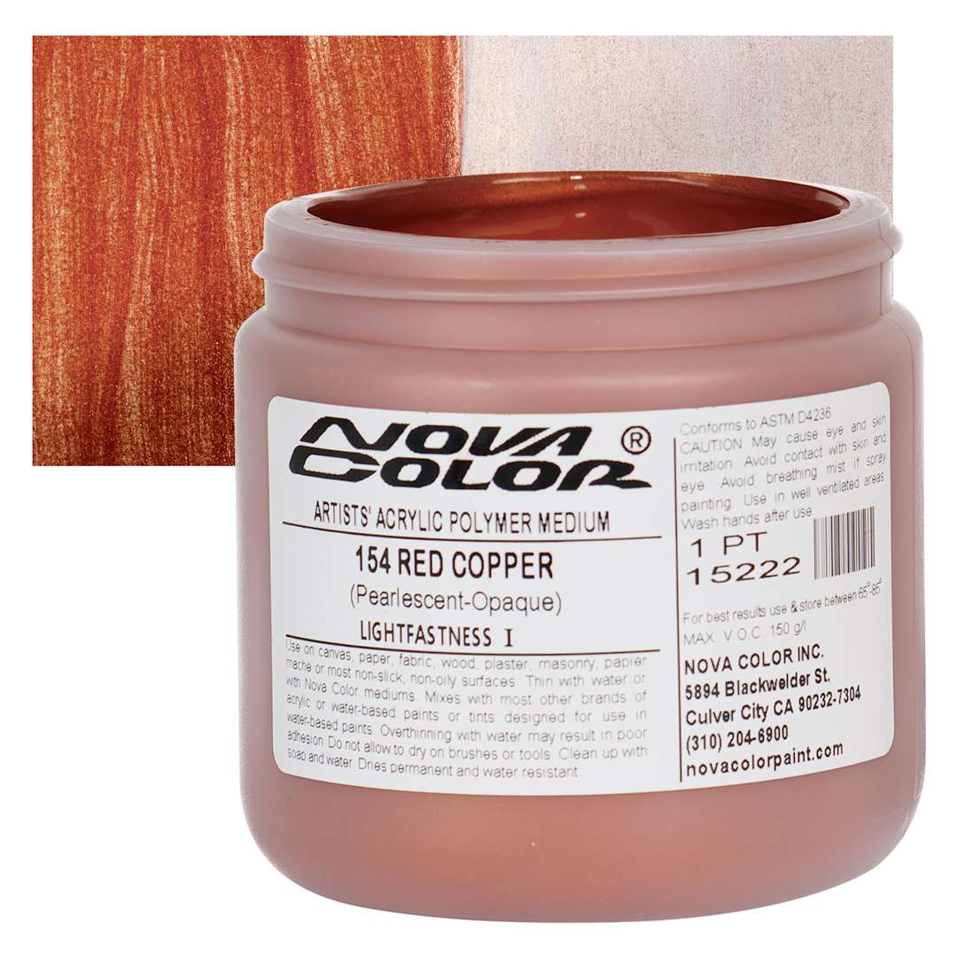 Open in modal - Nova Color Artists’ Acrylic Polymer Paint - Red Copper Pearl, 473 ml Jar and swatch