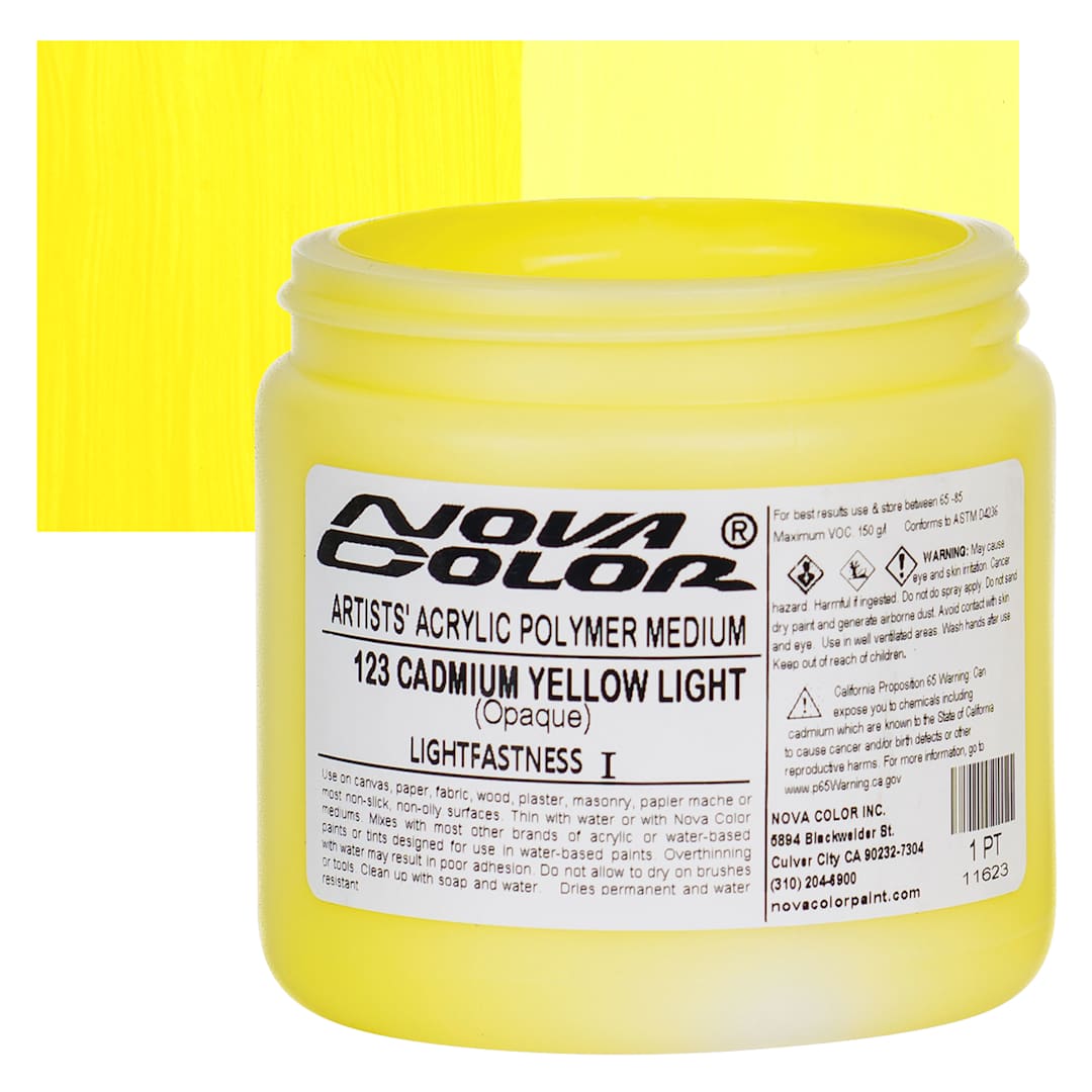 Open in modal - Nova Color Artists’ Acrylic Polymer Paint - Cadmium Yellow Light, 473 ml Jar and swatch