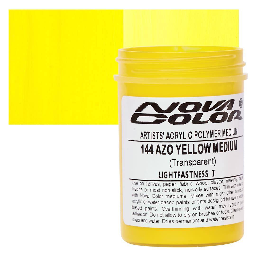 Open in modal - Nova Color Artists’ Acrylic Polymer Paint - Azo Yellow Medium, 118 ml Jar and swatch
