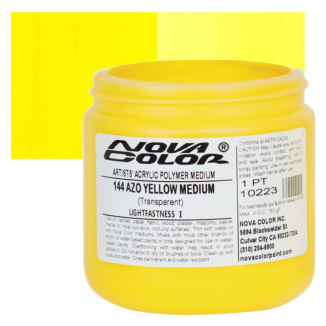 Open in modal - Nova Color Artists’ Acrylic Polymer Paint - Azo Yellow Medium, 473 ml Jar and swatch