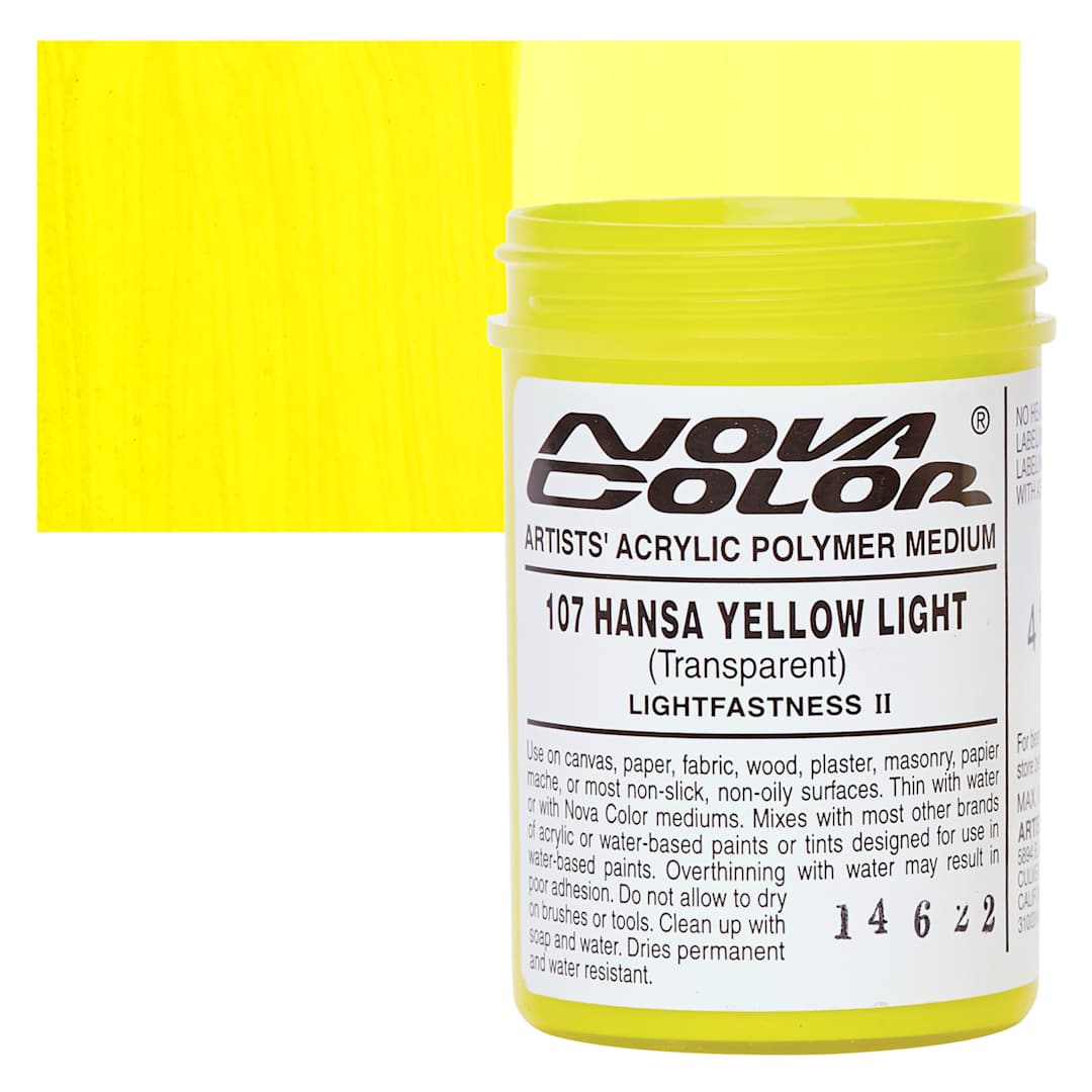 Open in modal - Nova Color Artists’ Acrylic Polymer Paint - Hansa Yellow Light, 118 ml Jar and swatch