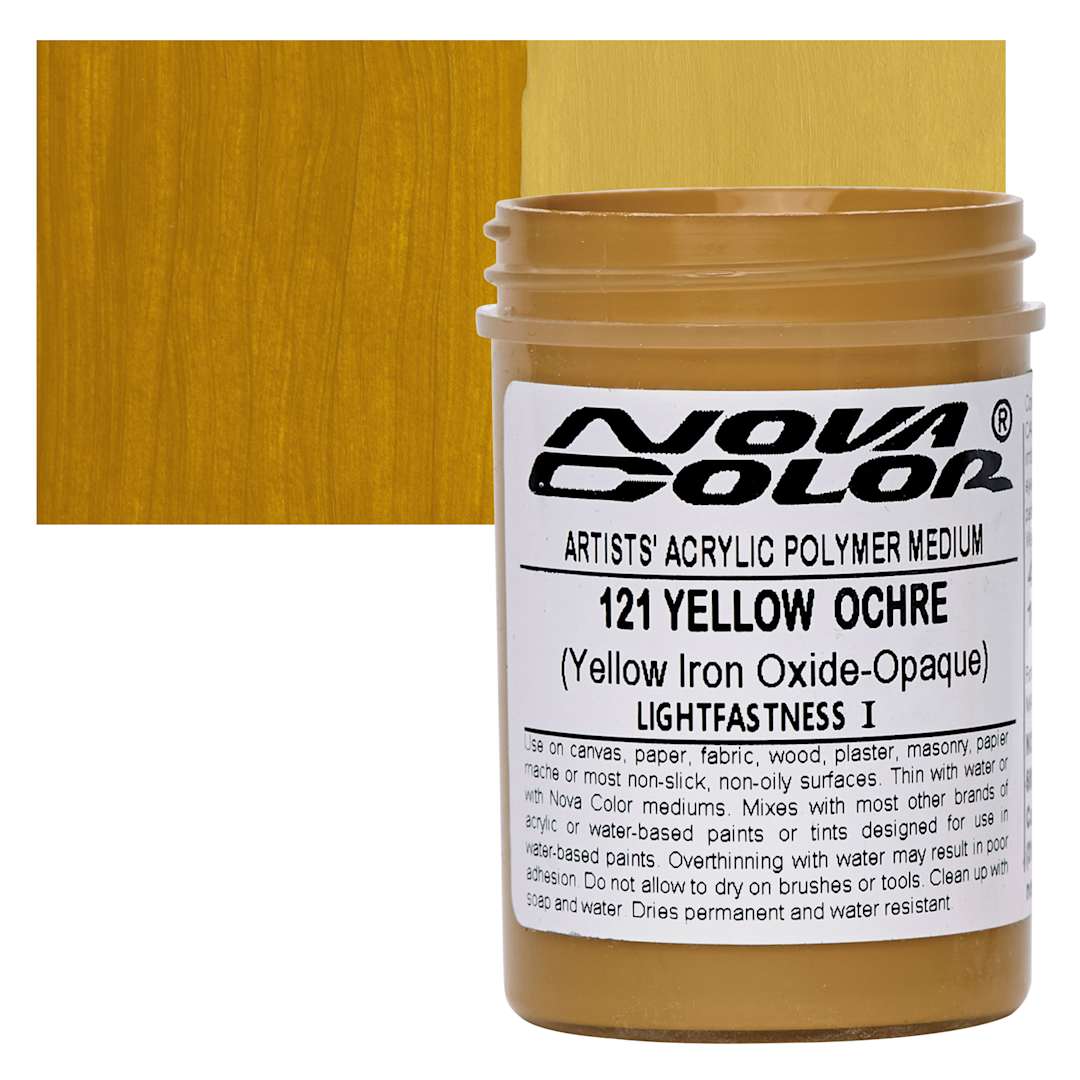 Open in modal - Nova Color Artists’ Acrylic Polymer Paint - Yellow Ochre Iron Oxide, 118 ml Jar and swatch