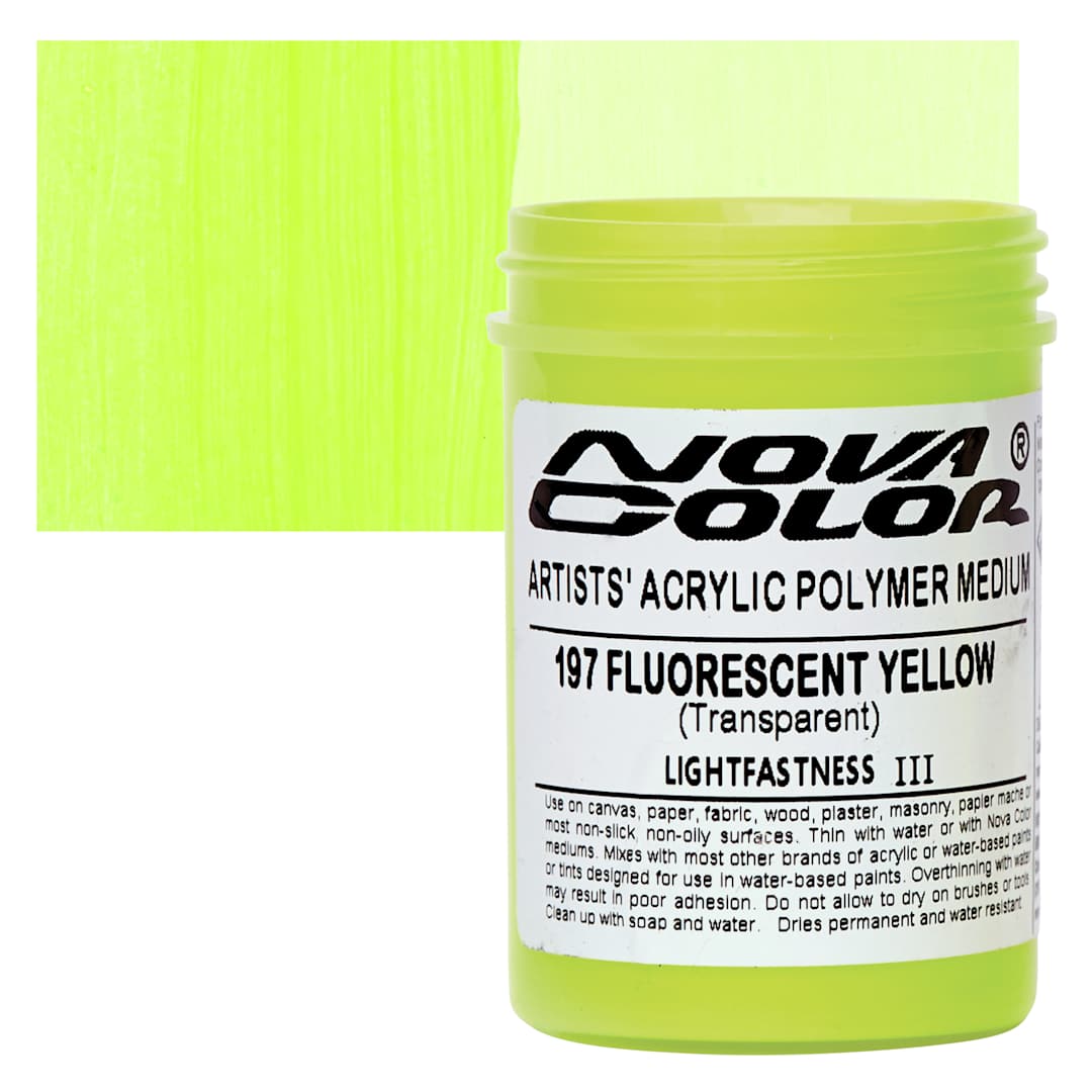 Open in modal - Nova Color Artists’ Acrylic Polymer Paint - Fluorescent Yellow, 118 ml Jar and swatch