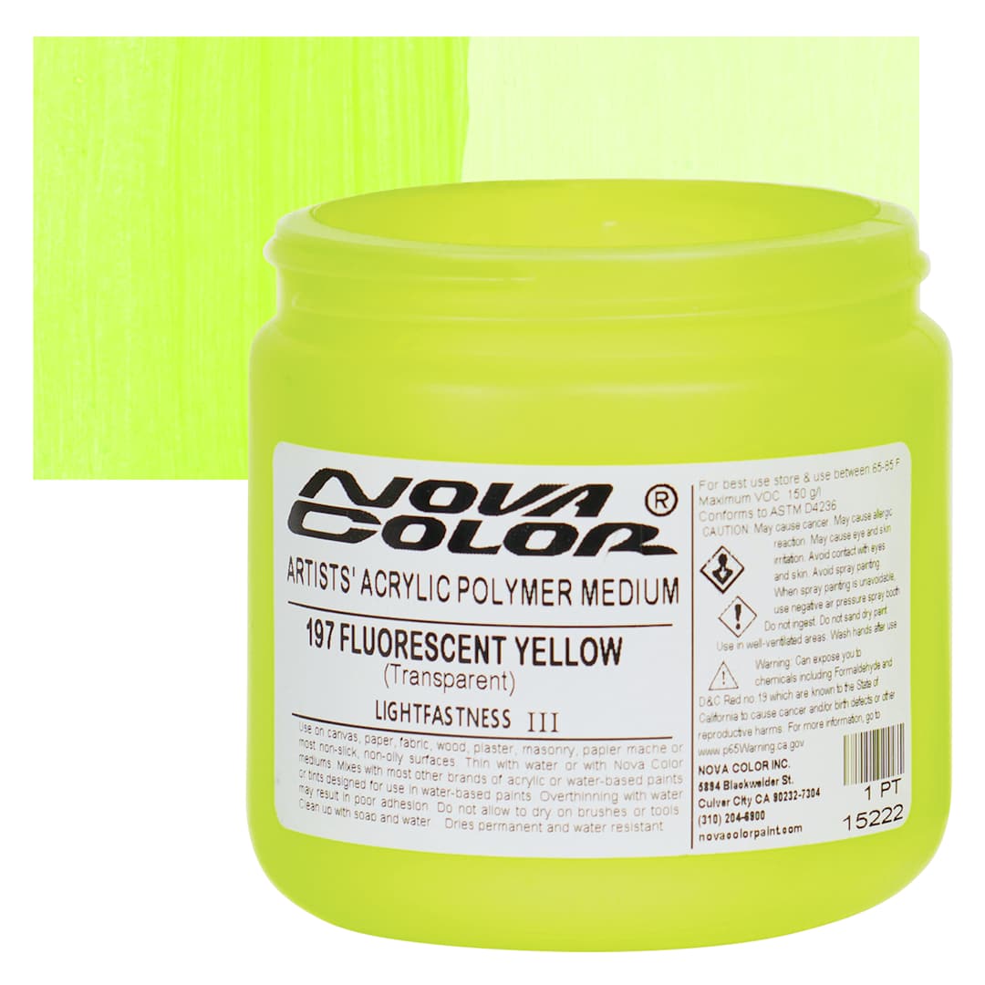 Open in modal - Nova Color Artists’ Acrylic Polymer Paint - Fluorescent Yellow, 473 ml Jar and swatch