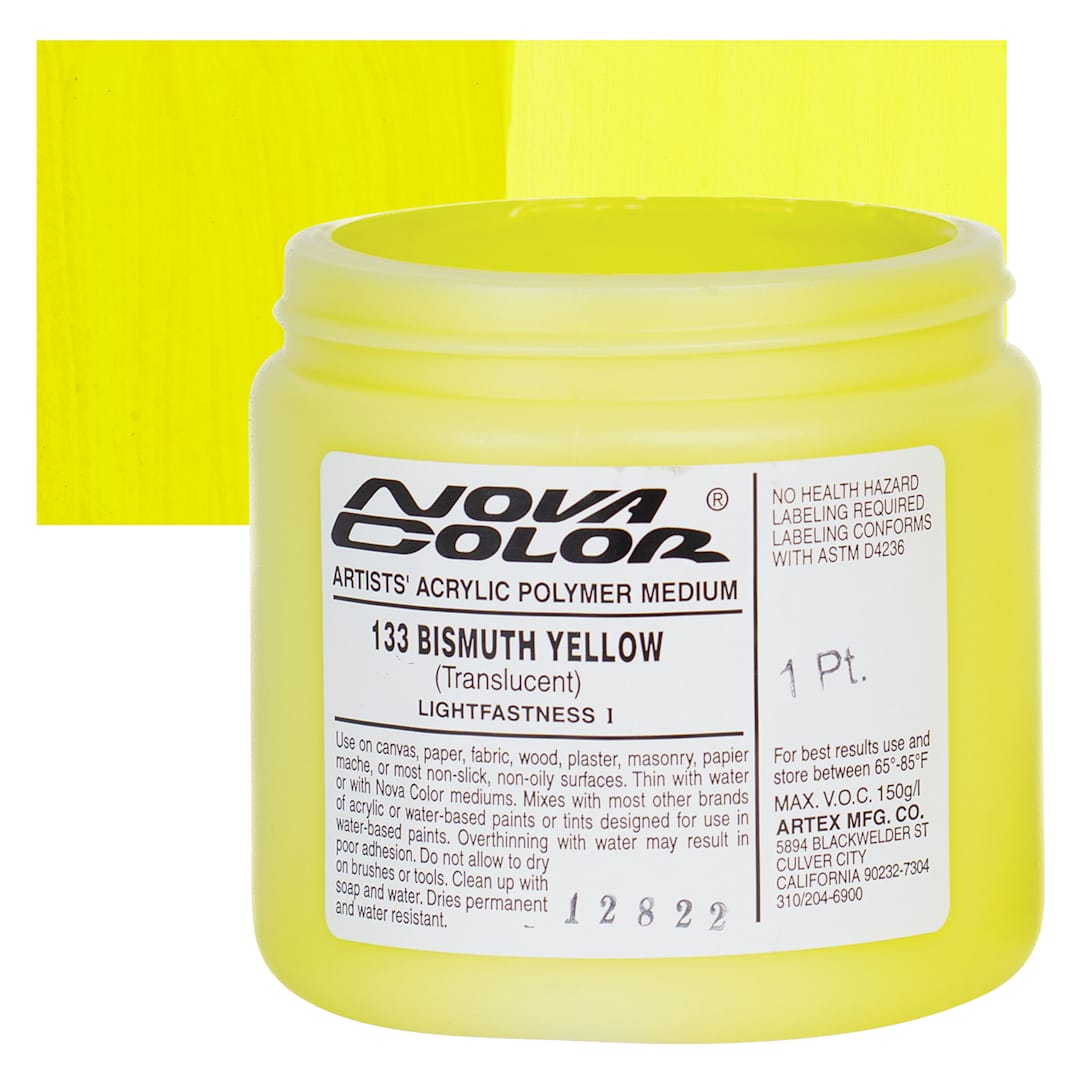 Open in modal - Nova Color Artists’ Acrylic Polymer Paint - Bismuth Yellow, 473 ml Jar and swatch