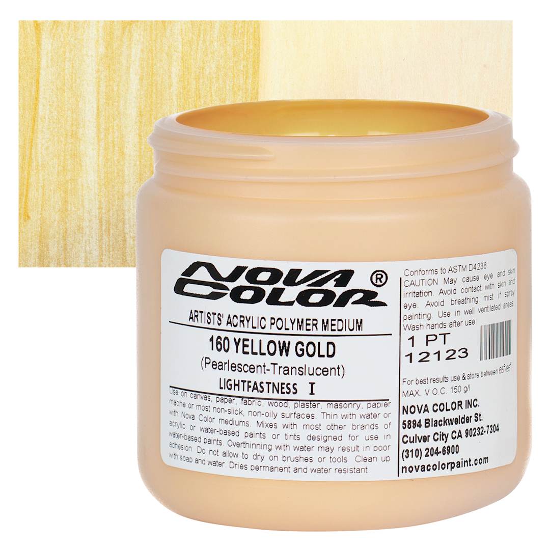 Open in modal - Nova Color Artists’ Acrylic Polymer Paint - Yellow Gold Pearl, 118 ml Jar and swatch