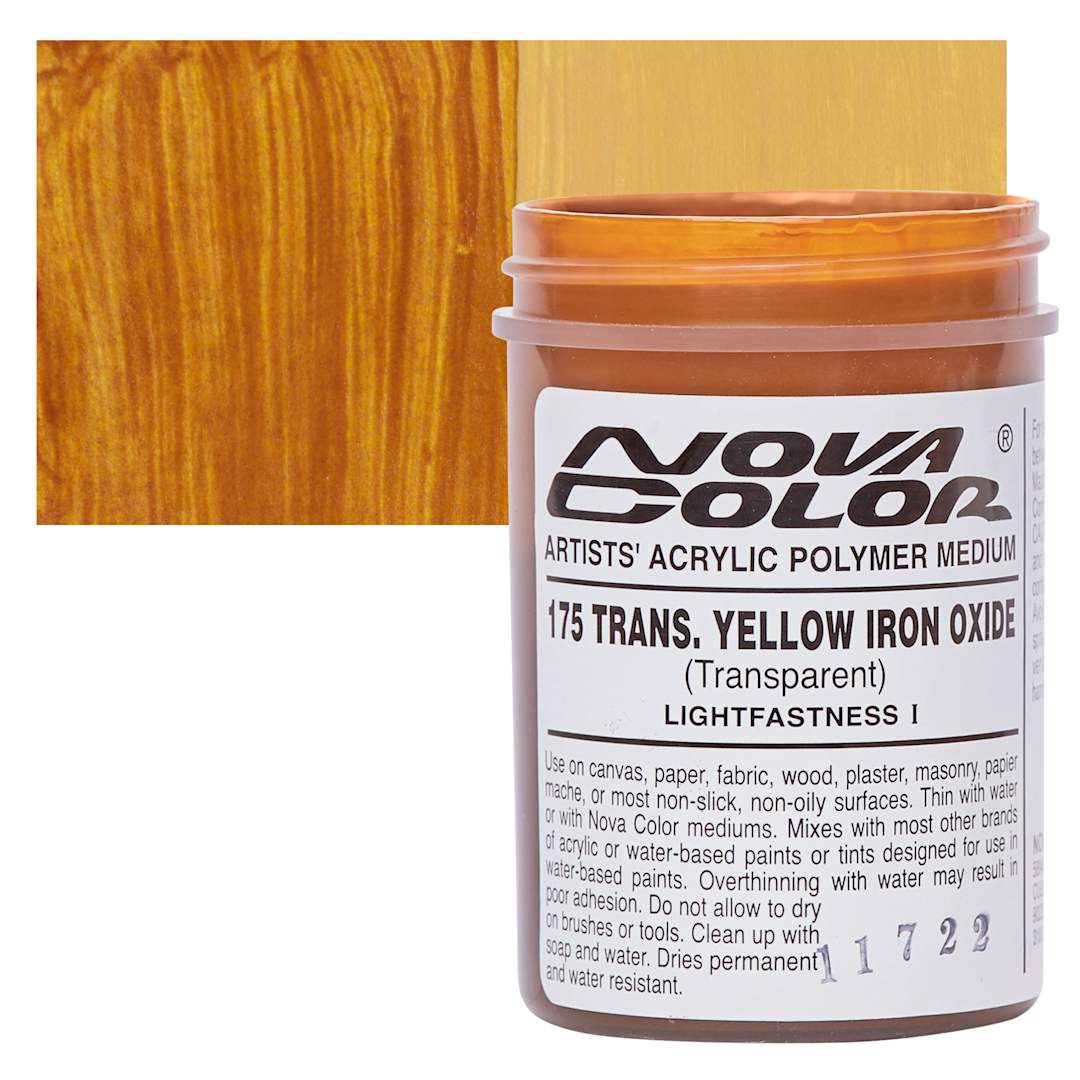 Open in modal - Nova Color Artists’ Acrylic Polymer Paint - Transparent Yellow Iron Oxide, 118 ml Jar and swatch