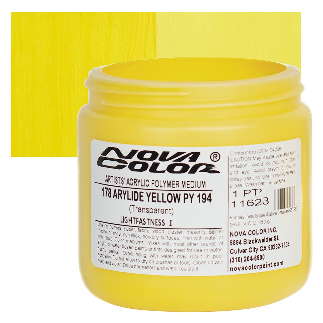 Open in modal - Nova Color Artists’ Acrylic Polymer Paint -  Arylide Yellow (PY194), 473 ml Jar and swatch