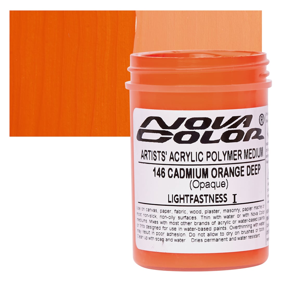 Open in modal - Nova Color Artists’ Acrylic Polymer Paint - Cadmium Orange Deep, 118 ml Jar and swatch