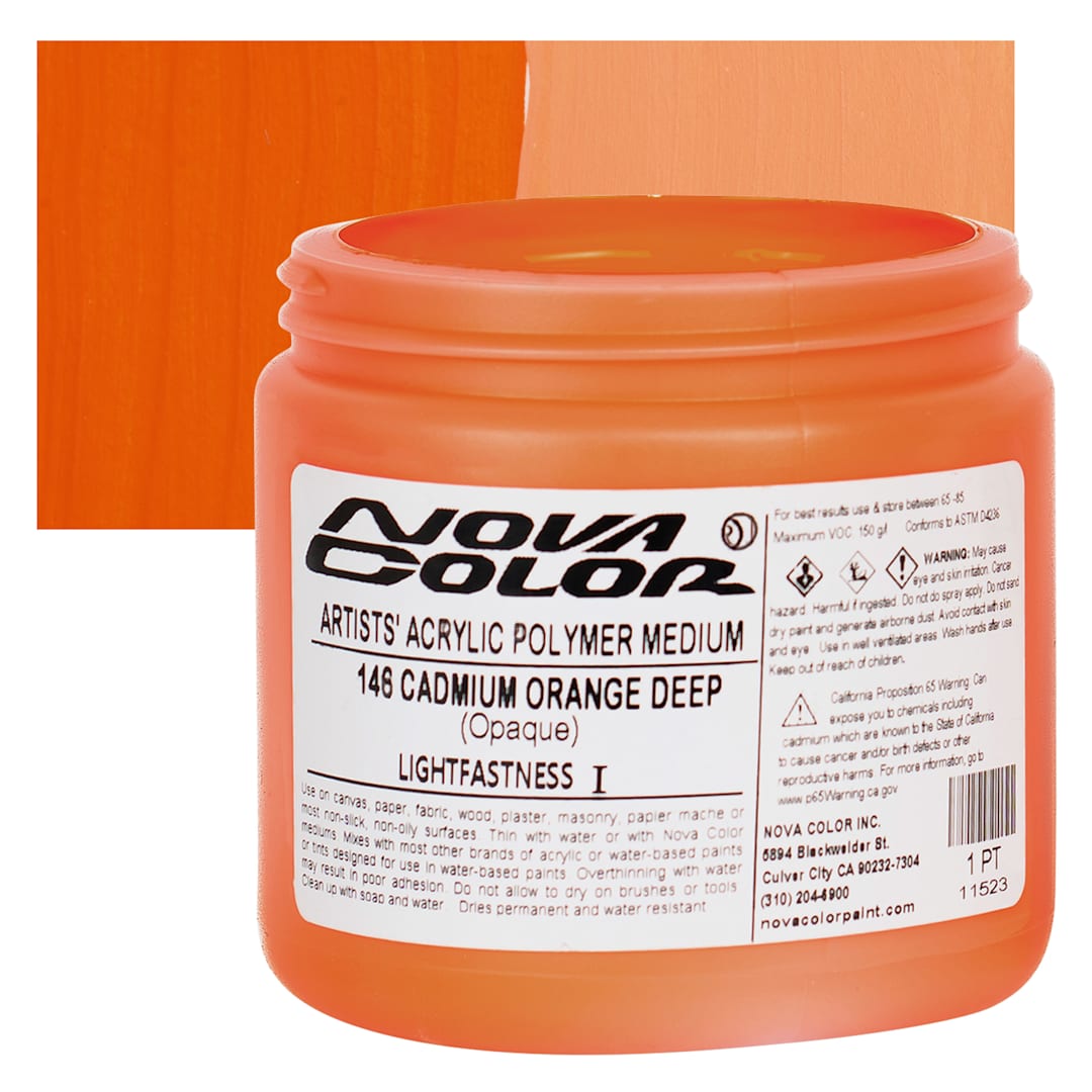 Open in modal - Nova Color Artists’ Acrylic Polymer Paint - Cadmium Orange Deep, 473 ml Jar and swatch