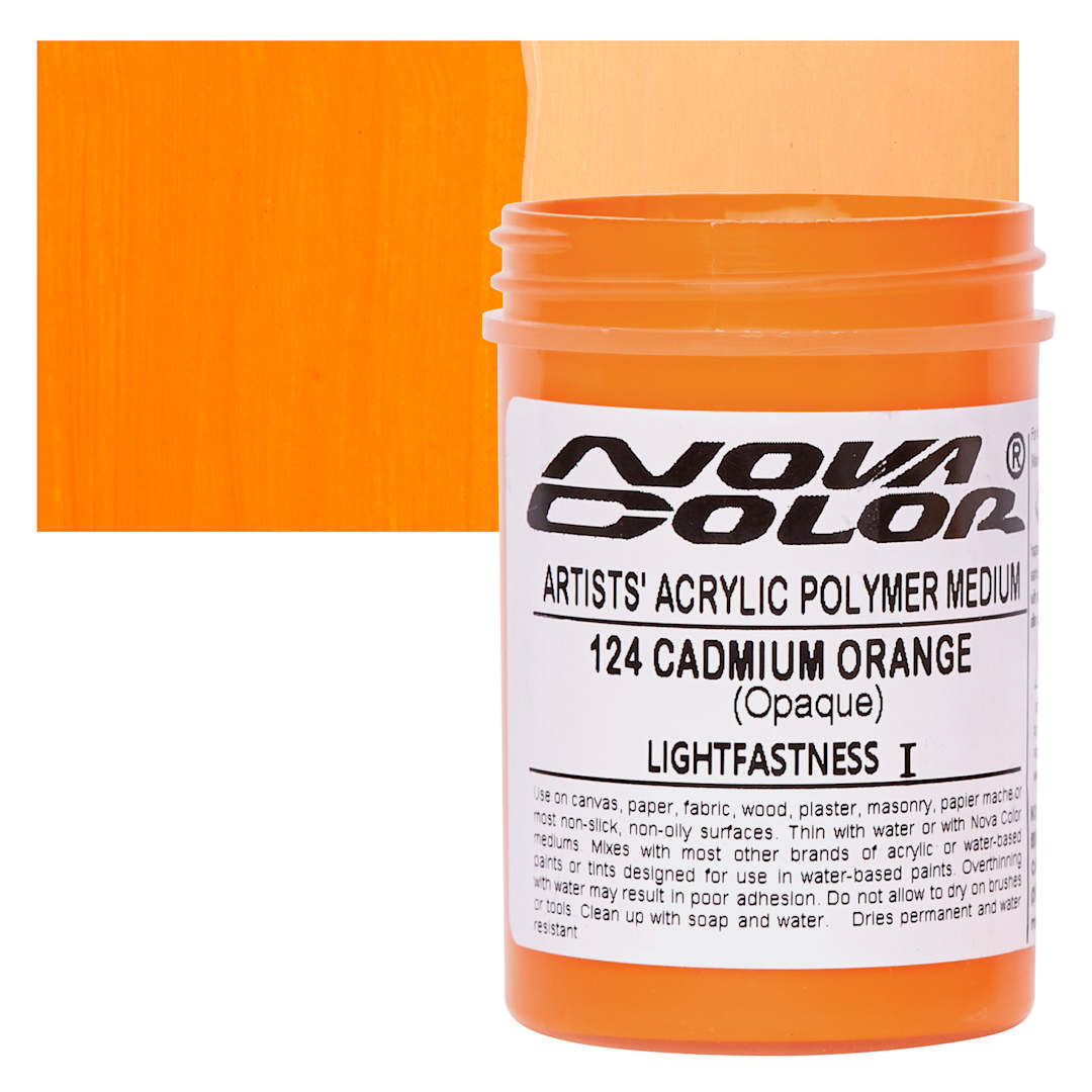 Open in modal - Nova Color Artists’ Acrylic Polymer Paint - Cadmium Orange, 118 ml Jar and swatch