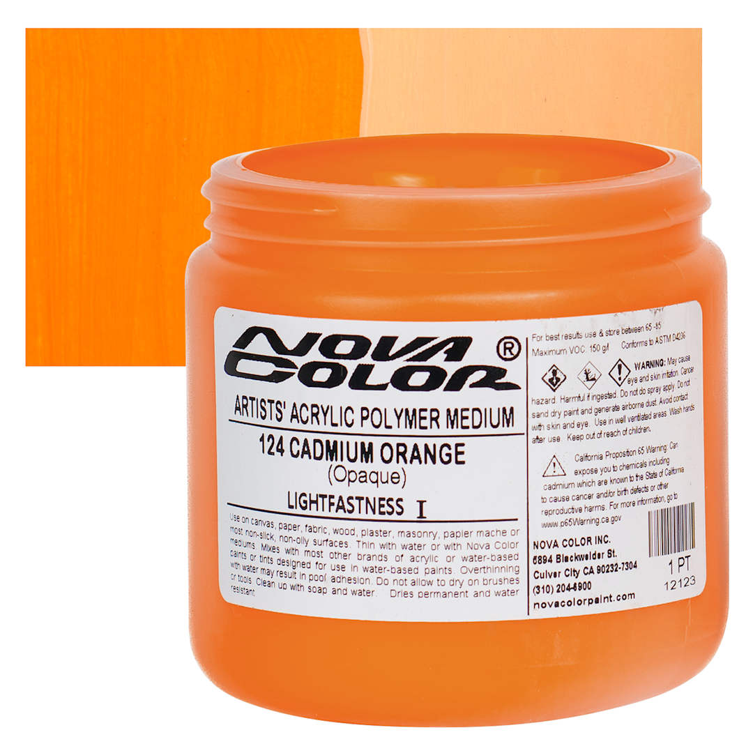 Open in modal - Nova Color Artists’ Acrylic Polymer Paint - Cadmium Orange, 473 ml Jar and swatch