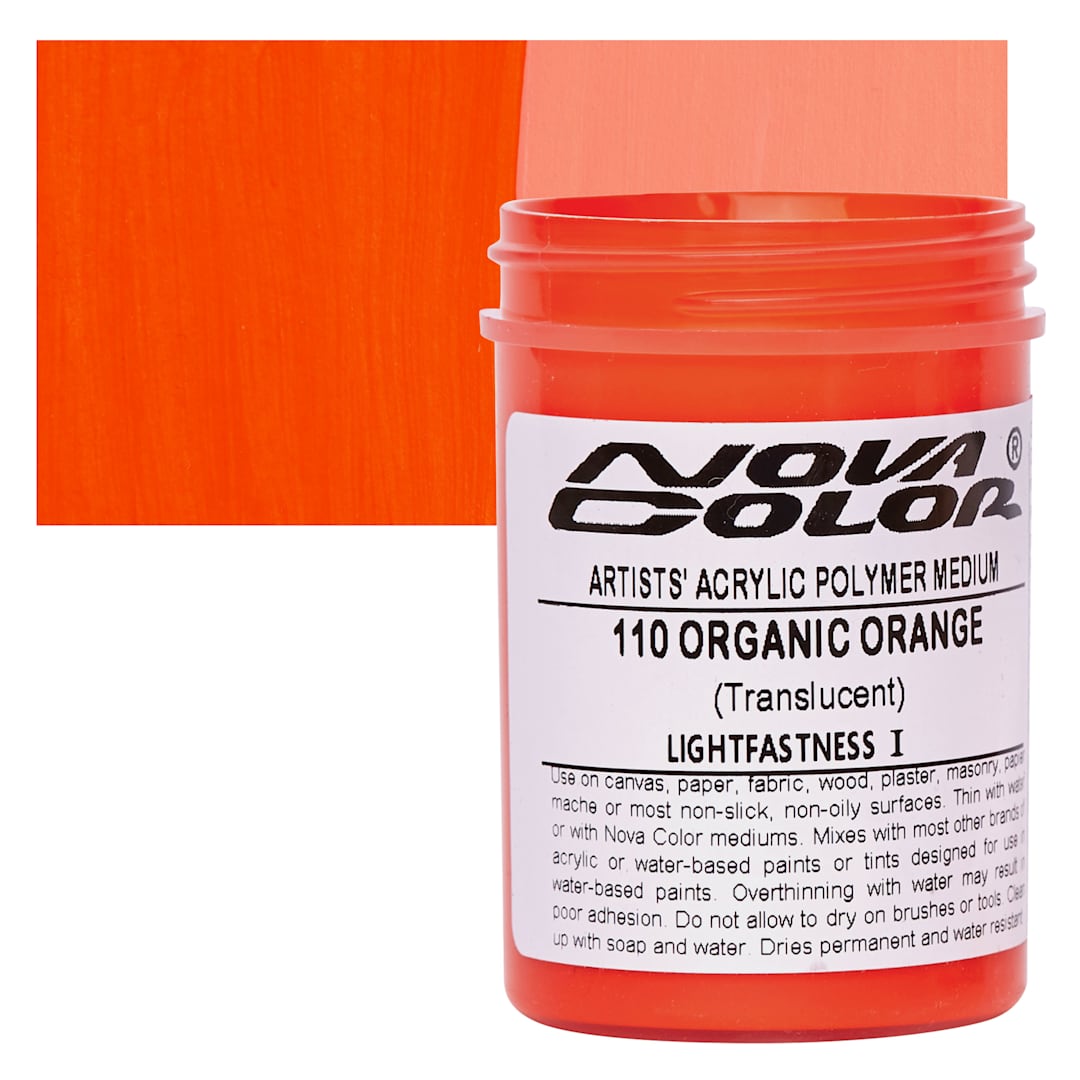 Open in modal - Nova Color Artists’ Acrylic Polymer Paint - Organic Pyrrole Orange, 118 ml Jar and swatch