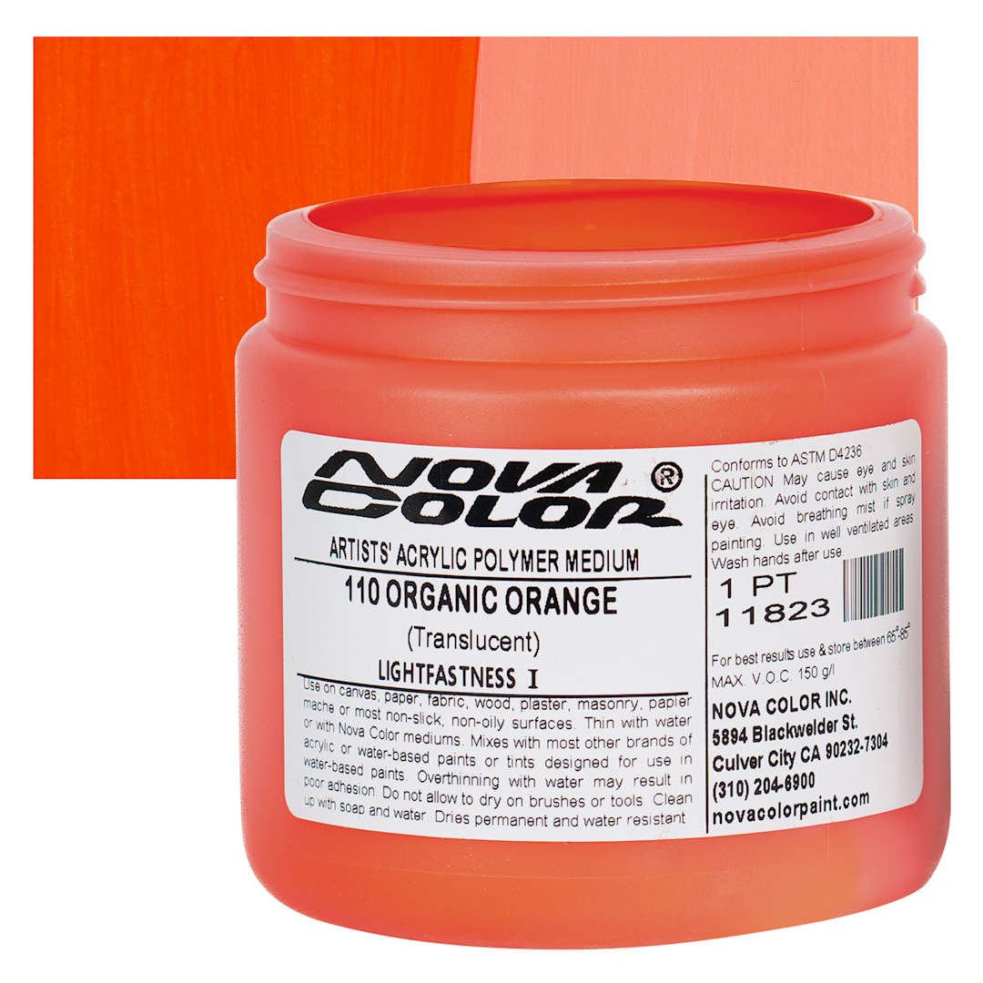 Open in modal - Nova Color Artists’ Acrylic Polymer Paint - Organic Pyrrole Orange, 473 ml Jar and swatch