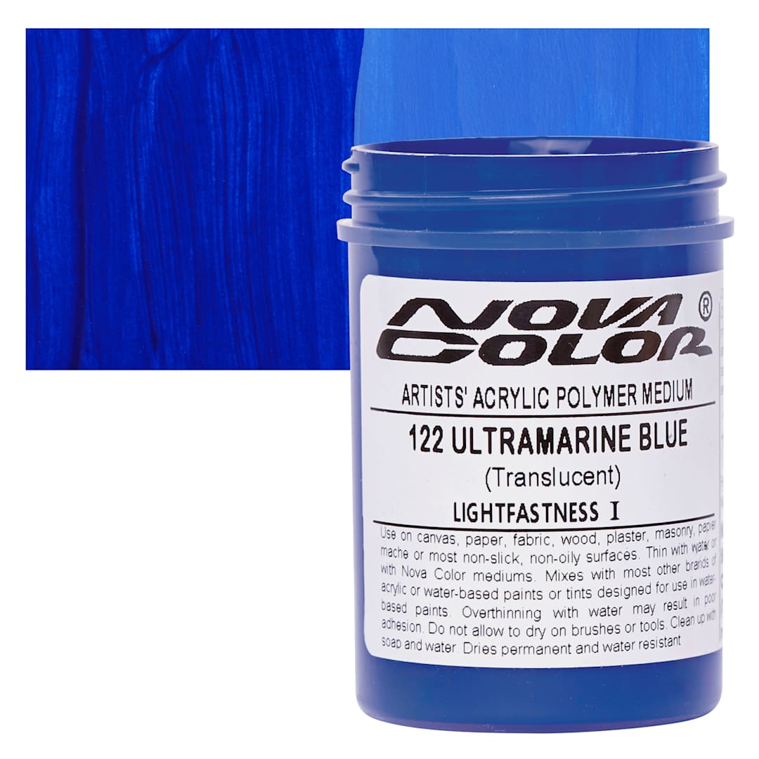 Open in modal - Nova Color Artists’ Acrylic Polymer Paint - Ultramarine Blue, 118 ml Jar and swatch