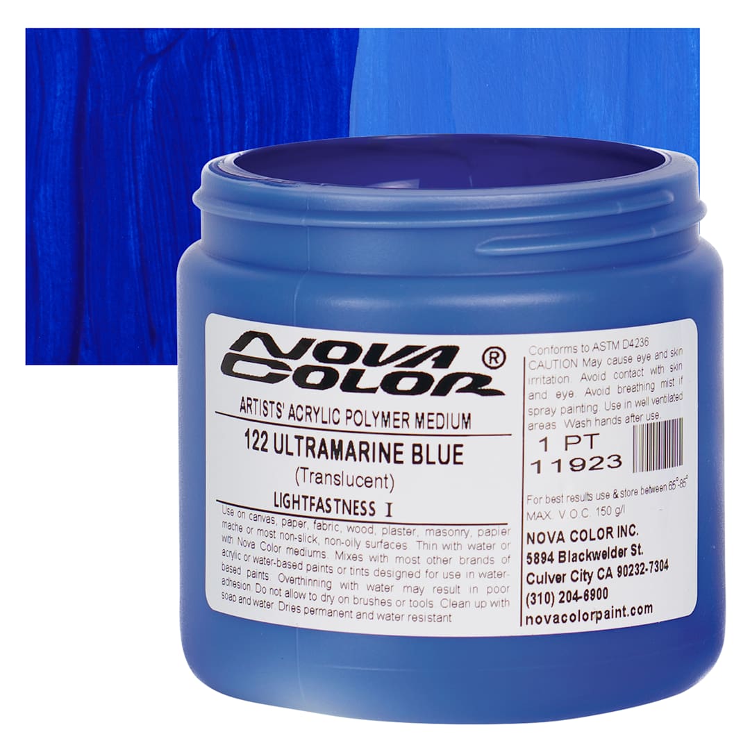 Open in modal - Nova Color Artists’ Acrylic Polymer Paint - Ultramarine Blue, 473 ml Jar and swatch