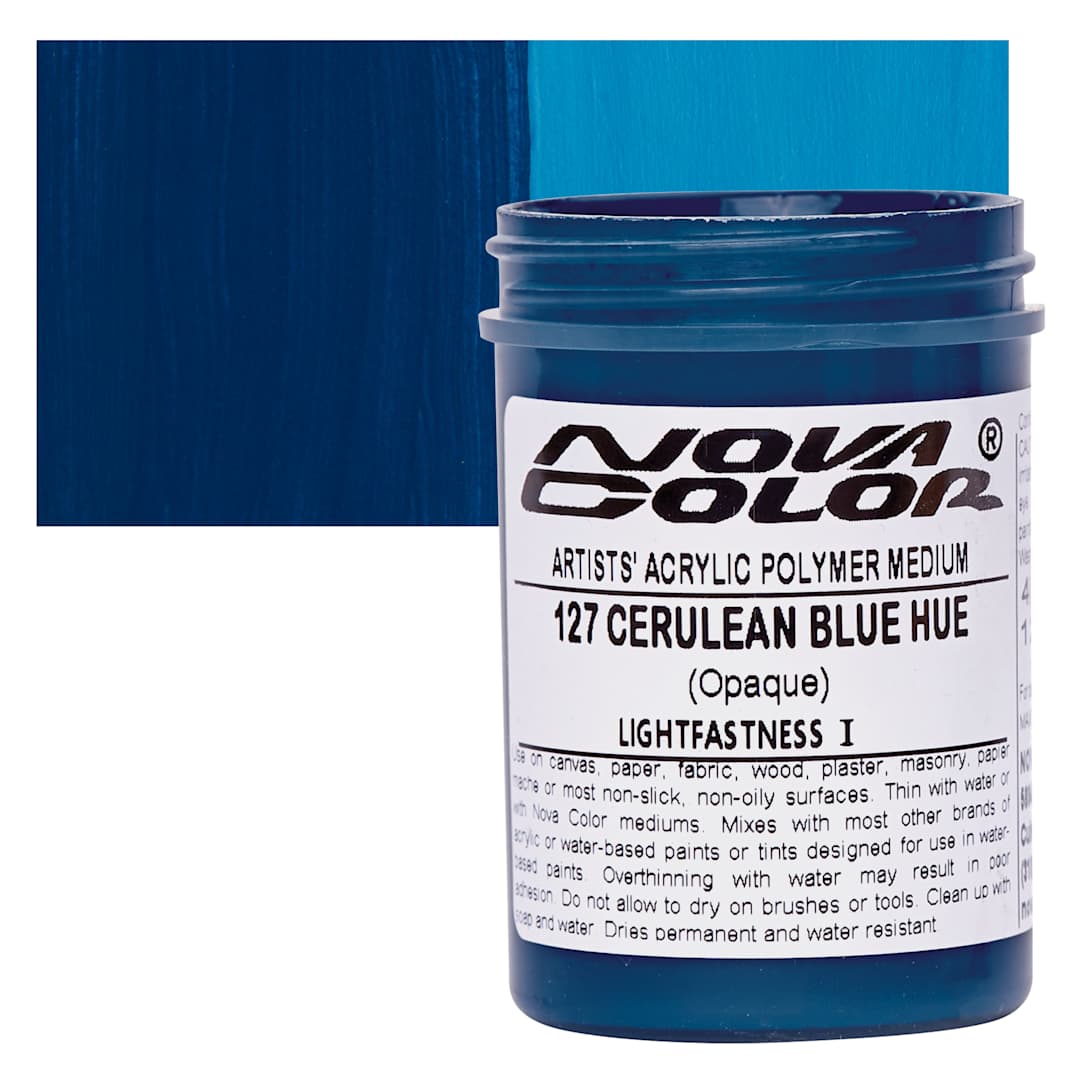 Open in modal - Nova Color Artists’ Acrylic Polymer Paint - Cerulean Blue Hue, 118 ml Jar and swatch
