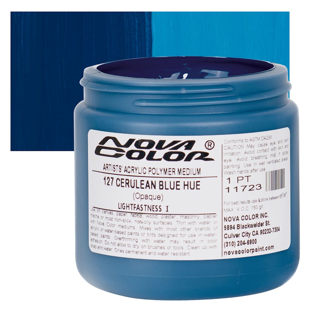 Open in modal - Nova Color Artists’ Acrylic Polymer Paint - Cerulean Blue Hue, 473 ml Jar and swatch