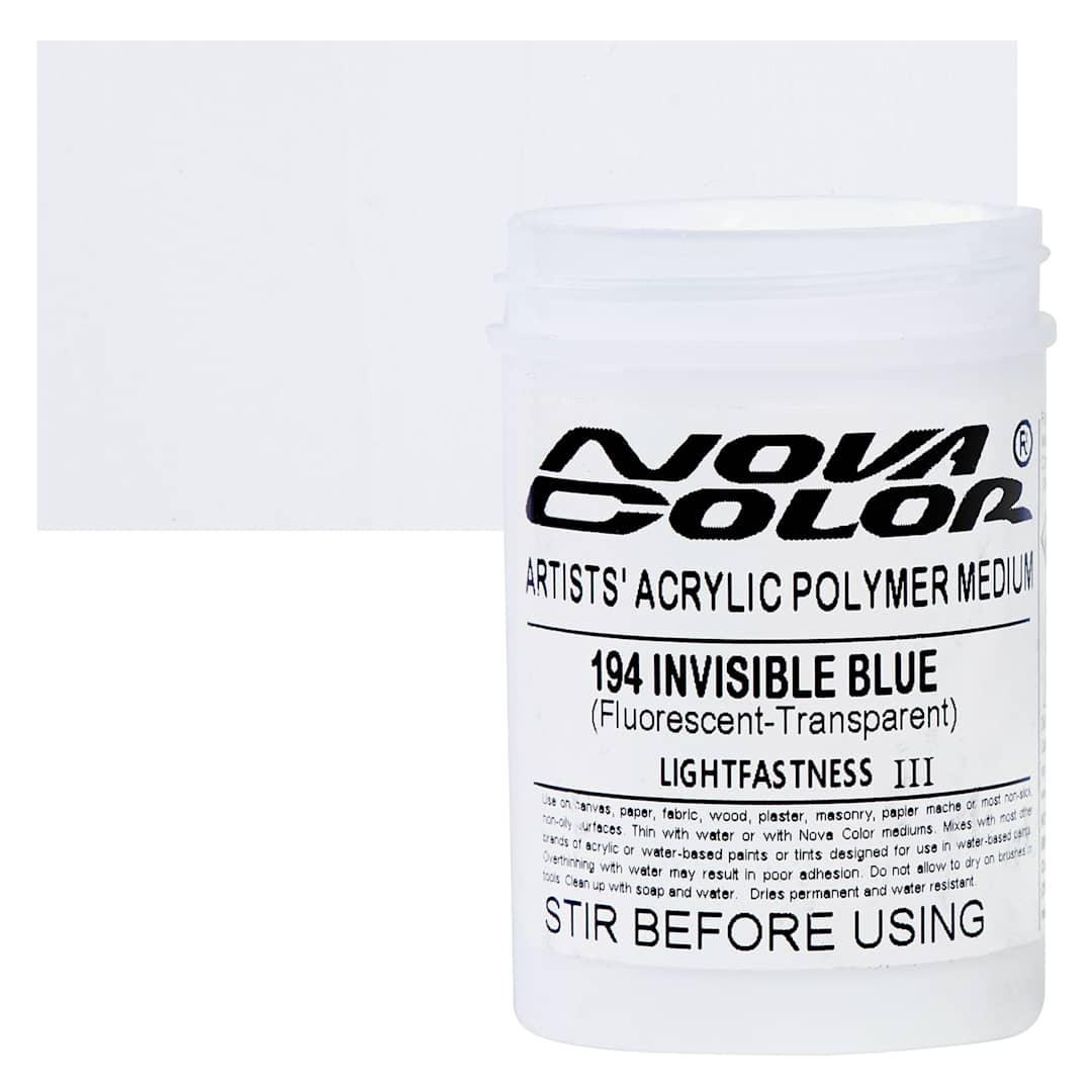 Open in modal - Nova Color Artists’ Acrylic Polymer Paint - Fluorescent Invisible Blue, 118 ml Jar and swatch