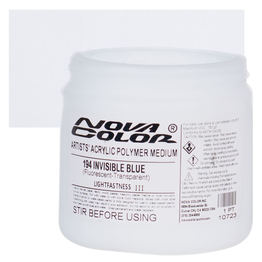 Open in modal - Nova Color Artists’ Acrylic Polymer Paint - Fluorescent Invisible Blue, 473 ml Jar and swatch