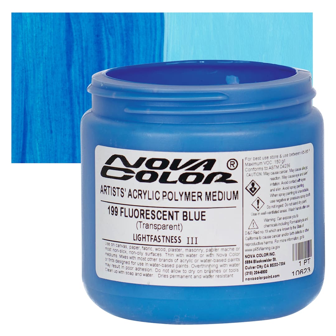 Open in modal - Nova Color Artists’ Acrylic Polymer Paint - Fluorescent Blue, 473 ml Jar and swatch