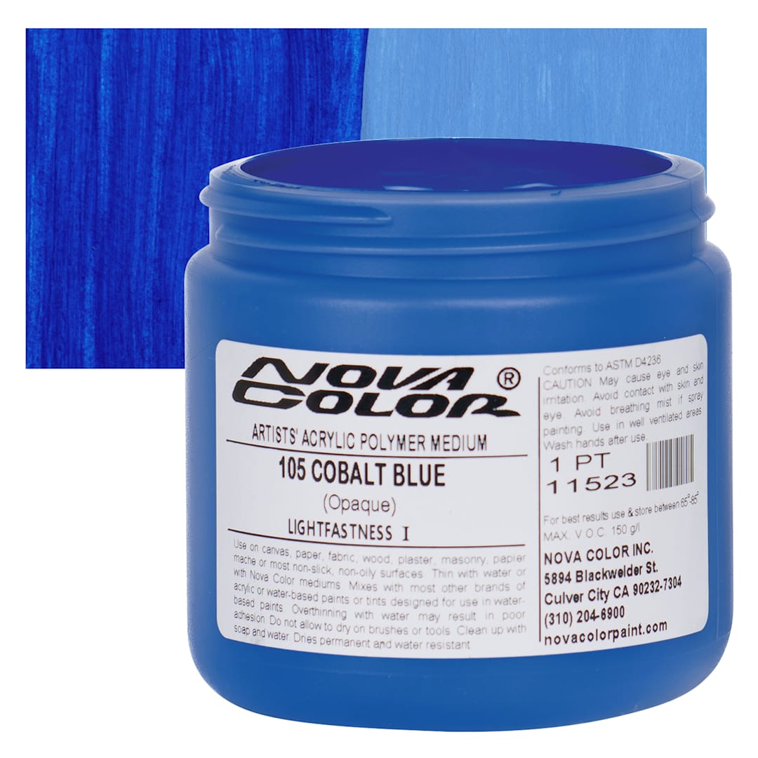 Open in modal - Nova Color Artists’ Acrylic Polymer Paint - Cobalt Blue, 473 ml Jar and swatch